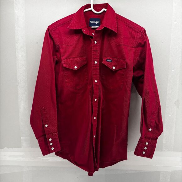 VTG Wrangler Heavy Denim Pearl Snap Work Western Rockabilly Faded Shirt Med Red - Picture 1 of 4
